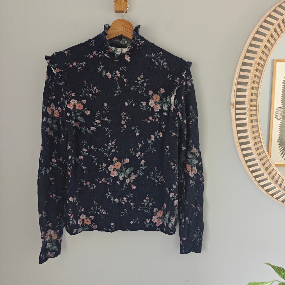 Joie Robbia Floral Wool Cashmere Ruffle Mock Neck Sweater Navy S